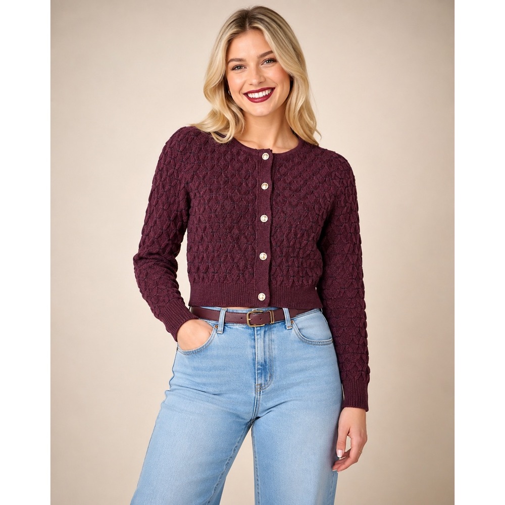 Ellen Tracy Burgundy Lattice Knit Cropped Cardigan Gold Button Size M NEW‎